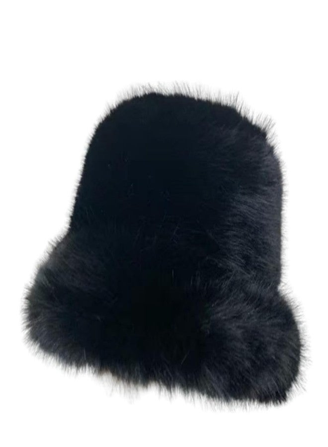 LDFWAY Winter Fluffy Faux Fur Plush Bucket Hat for Women Fuzzy Warm Fisherman Cap Outdoor Thick Winter Hat for Ladies (Black) - Image 1